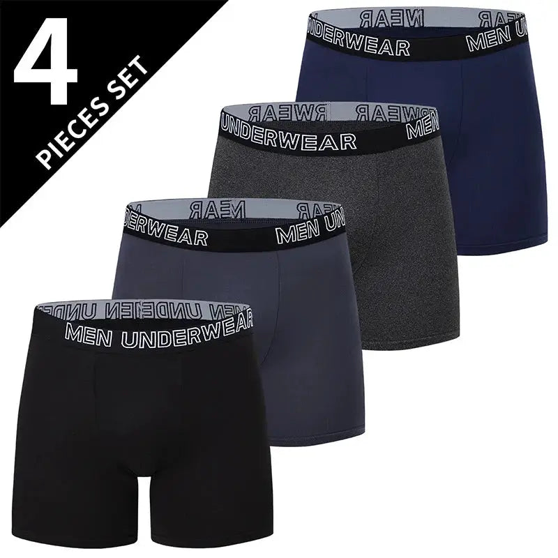 4-pack men's boxer shorts with breathable stretch fabric and elastic waistband in black, gray, heather gray, and navy