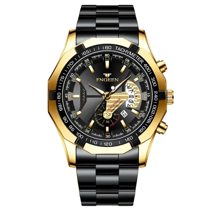 BINBOND men's luxury quartz watch with gold-tone stainless steel band, black dial, tachymeter bezel, date, luminous hands