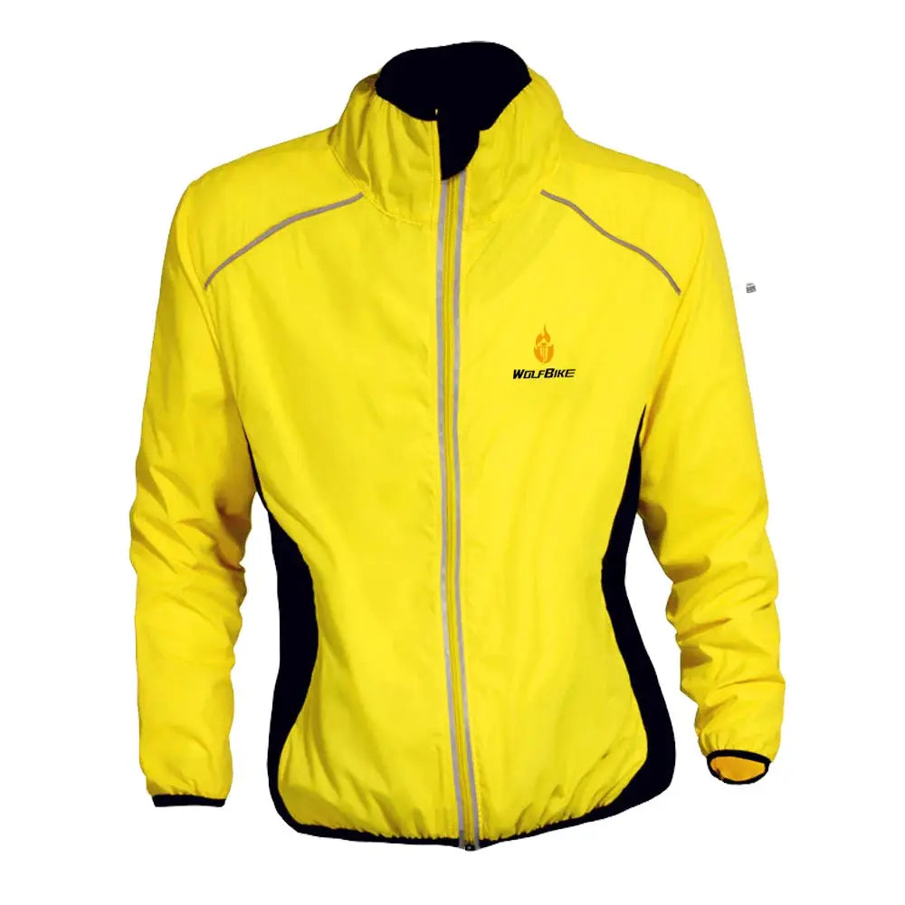 Yellow WOLBIKE cycling jacket with black side panels, windproof and reflective, full-zip MTB long-sleeve