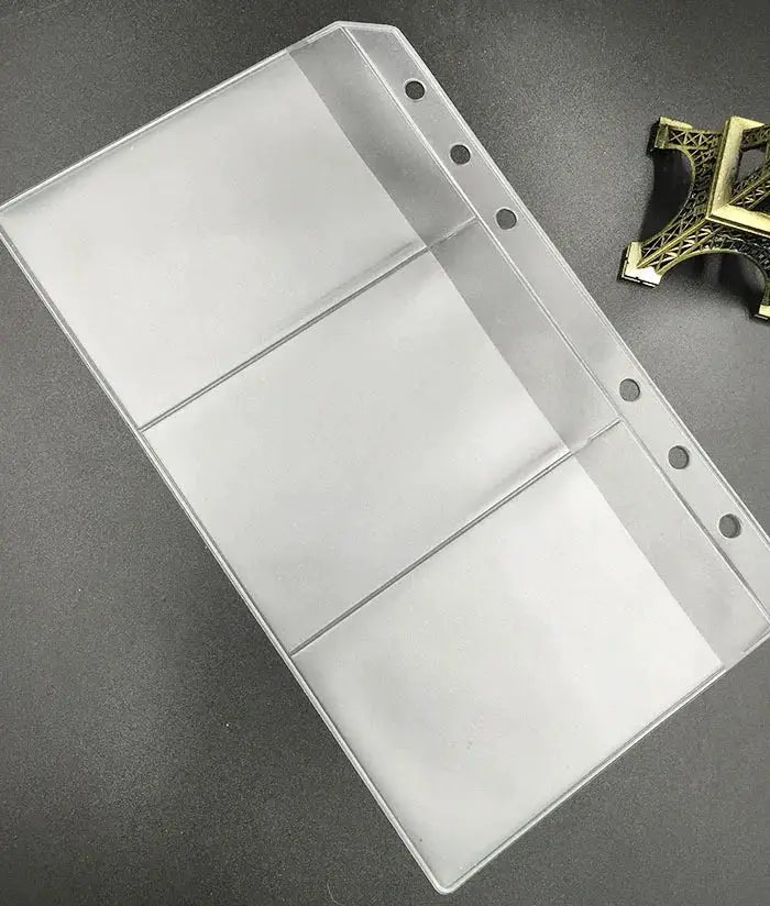 Transparent binder zipper folder with three pockets for A5/A6 loose-leaf documents, fits 6-ring binders
