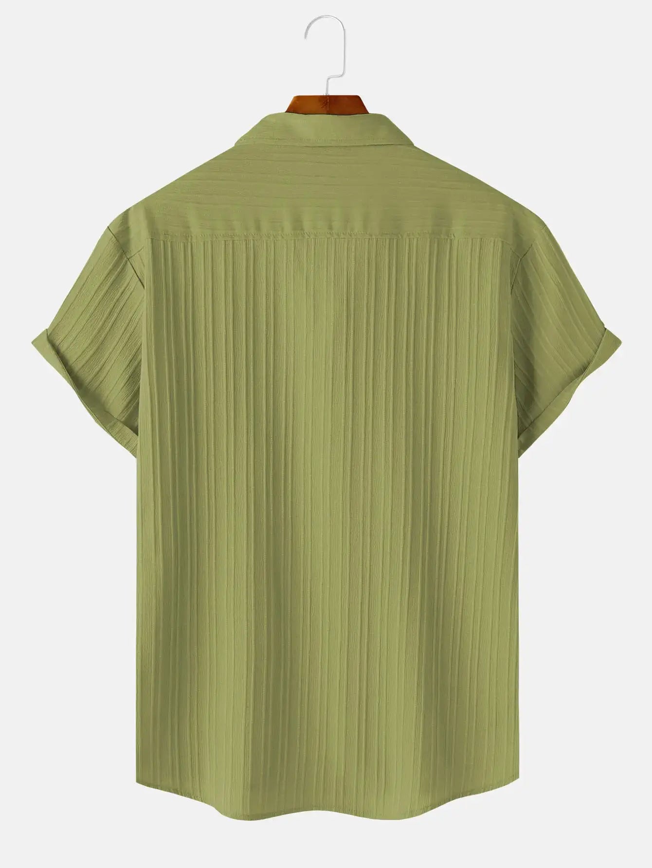Men's green short-sleeve shirt with pleated back details; solid color casual summer shirt.
