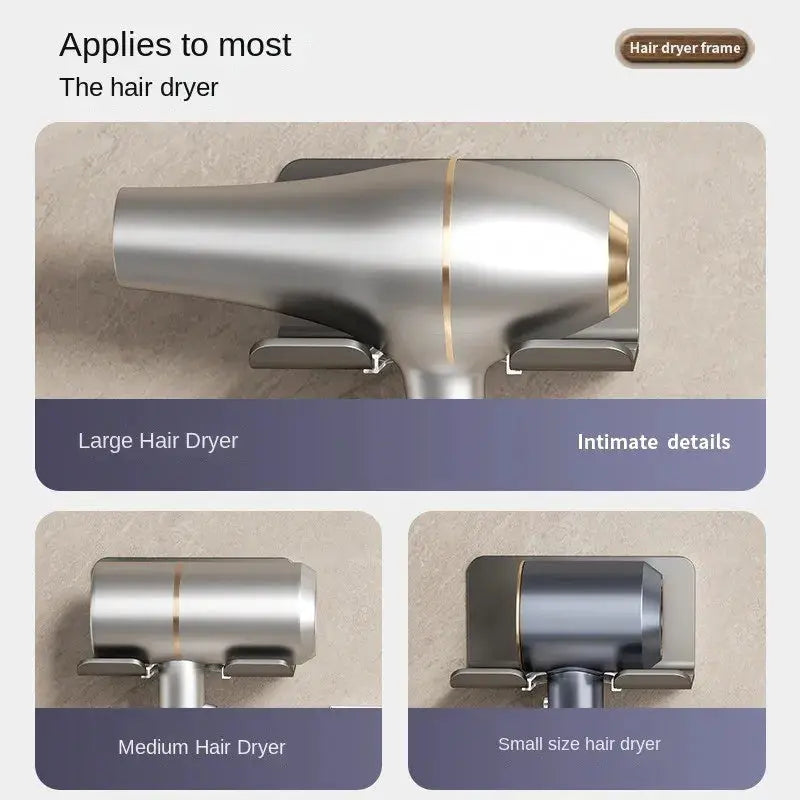 Wall-mounted hair dryer holder set in brushed silver metal with gold trim; includes large, medium, and small sizes (3 pieces).