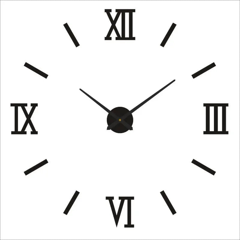 Large wall clock with Roman numerals at 12, 3, 6, 9 and black hands on a white background