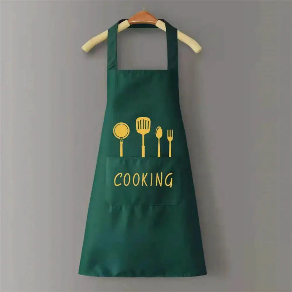 Apron by Simples Market in green with yellow utensil icons and a front pocket