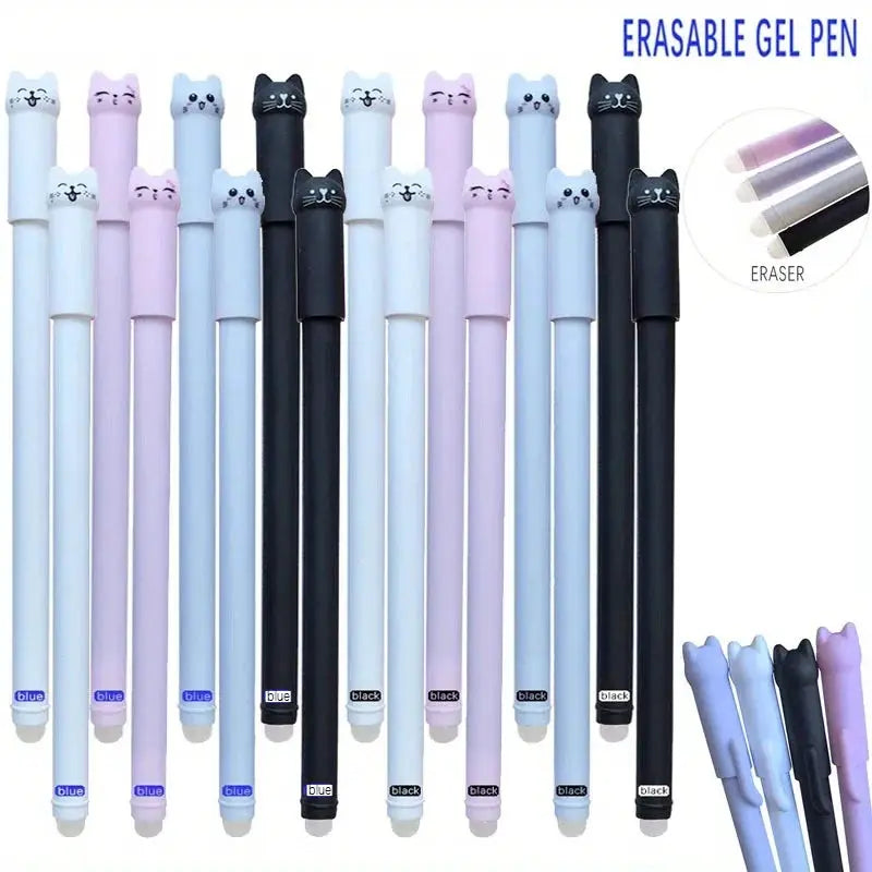 Cat-themed erasable gel pen set with cat-shaped toppers, 0.5mm blue/black ink, pastel colors, 12 pcs