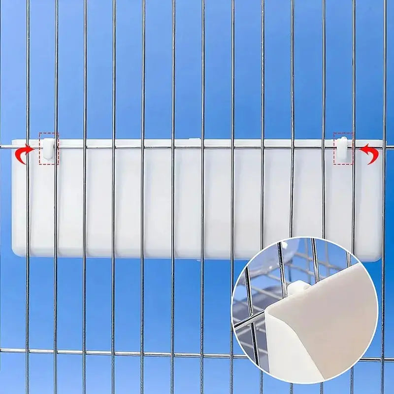 Parrot feeder with double-grid stand; white plastic trough attaches to cage bars, Simples Market