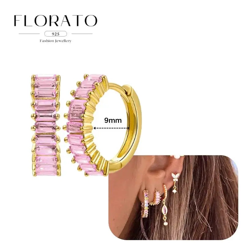 Florato 925 hoop earrings with pink baguette zircon stones, gold-tone finish, 9mm inner diameter