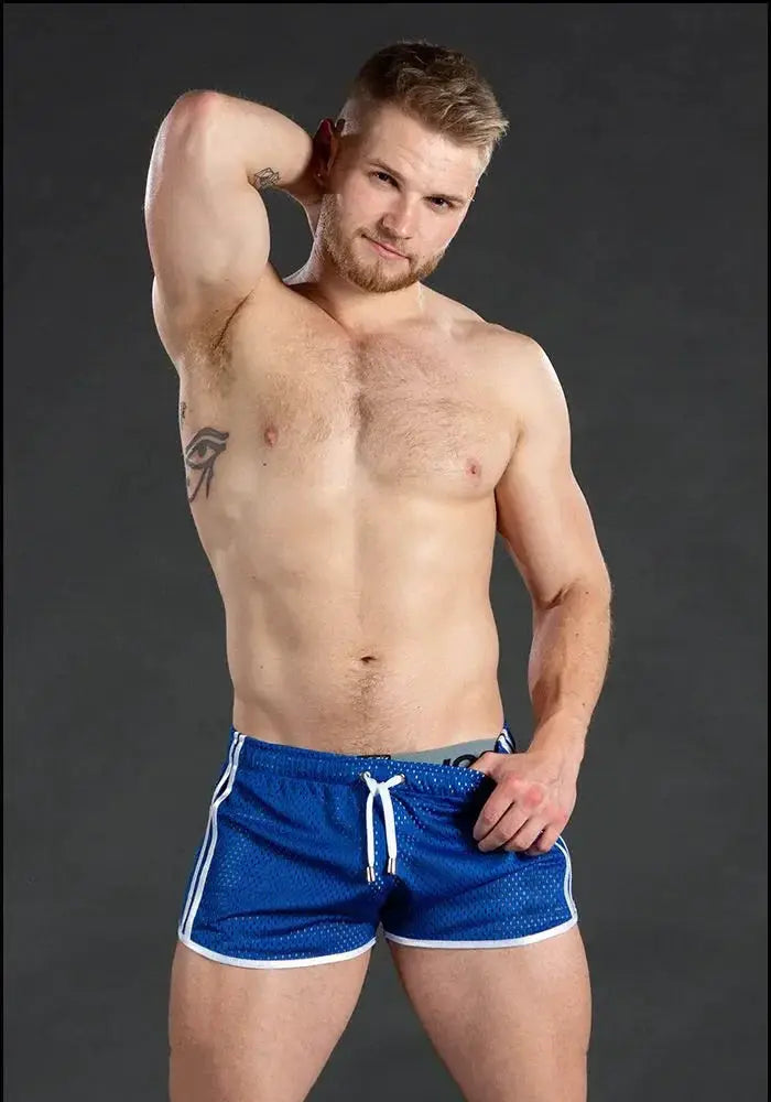 Men's blue mesh running shorts with white trim and drawstring for quick-dry workouts