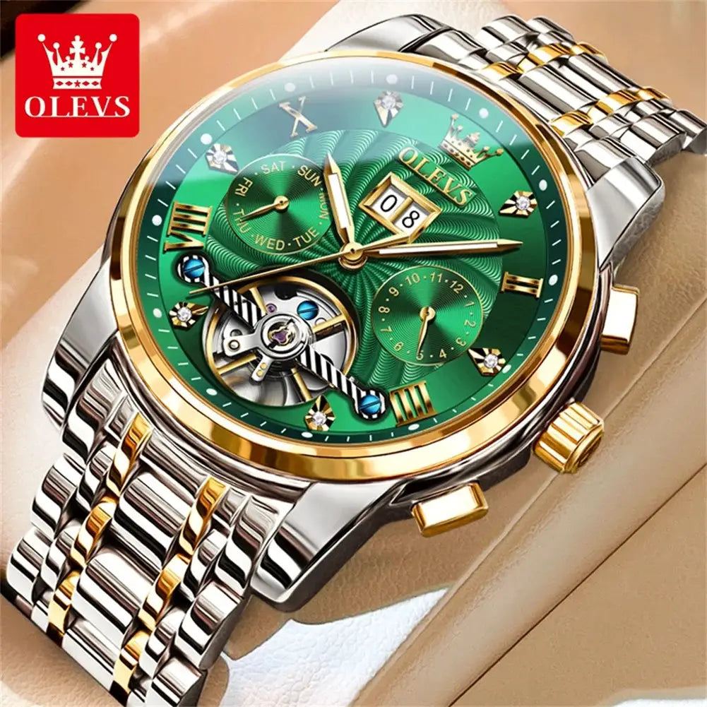 OLEVS Classic men's tourbillon multi-function automatic watch with green dial and gold two-tone stainless steel bracelet