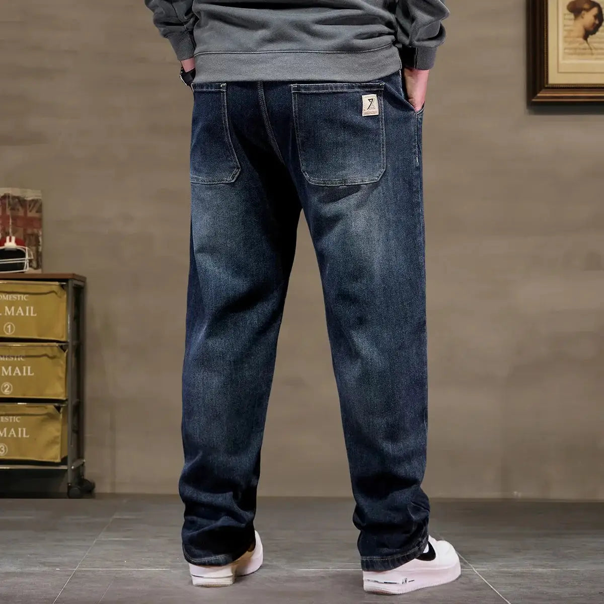 Men's plus-size baggy denim jeans with elastic waist in dark blue