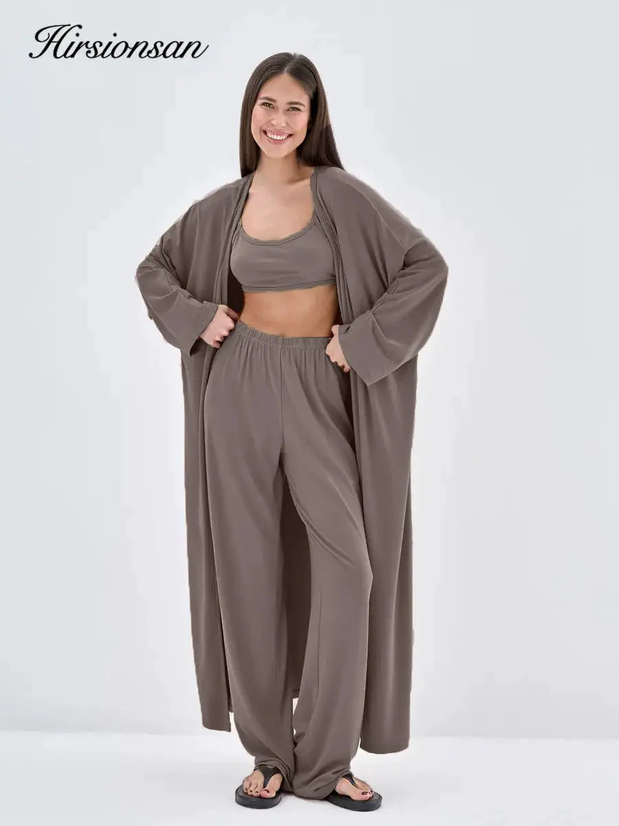 Modal Three Piece Women Set Long Sleeve Cardigan Vest High Waist Pants