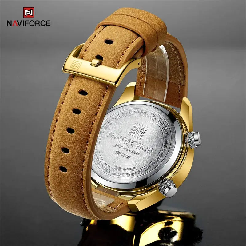 Naviforce men's luxury wristwatch with gold-tone case and brown leather strap