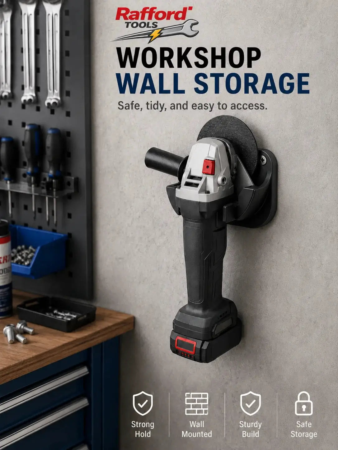 Rafford Tools angle grinder wall-mount holder; heavy-duty, space-saving garage workshop storage
