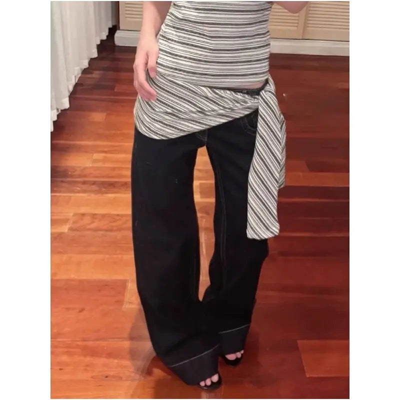 Women Denim Jeans Low Waist Straight Wide Leg Button Blue Y2K Style