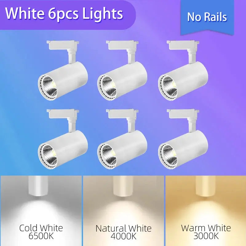 White LED track lights six-pack by Simples Market for living room; includes cold, natural and warm white temps.