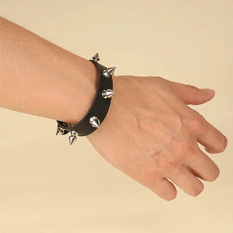Unisex Black Leather Punk Bracelet With Metal Spike Studs Adjustable Goth Wristband Cuff Bangle