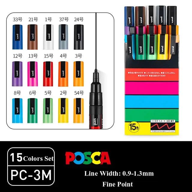 POSCA paint marker pen set, 15 colors, PC-3M, in original vinyl case