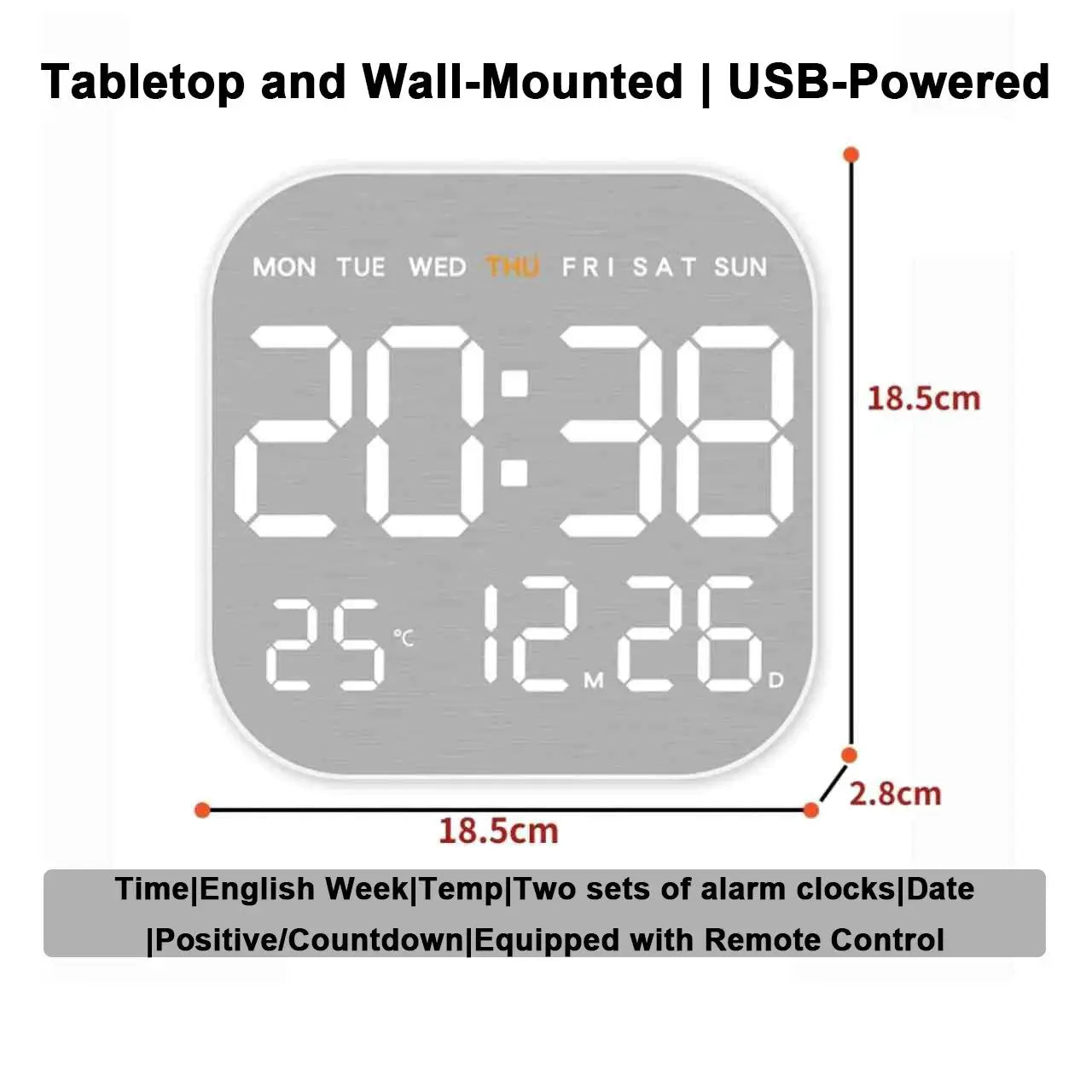 Mirror-brushed finish digital wall clock, USB-powered, rounded-square grey face showing time, temperature and date