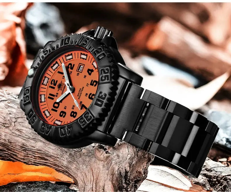 Men's military-style watch with orange dial, black rugged bezel and black steel bracelet