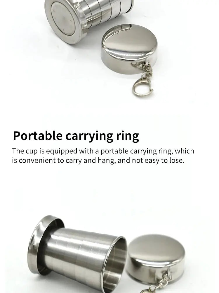 Simples Market portable stainless steel telescopic cup with carrying ring; compact and extended forms.
