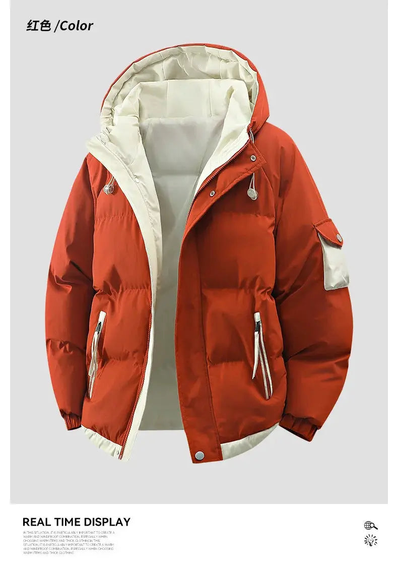 Men's red hooded puffer jacket by Simples Market; warm windproof coat with cream lining and zip pockets