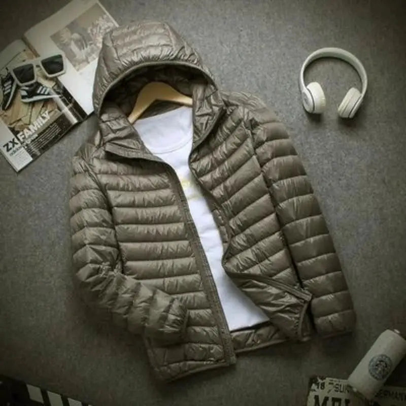 Men's hooded down jacket, olive-brown, lightweight slim-fit puffer with quilted panels.