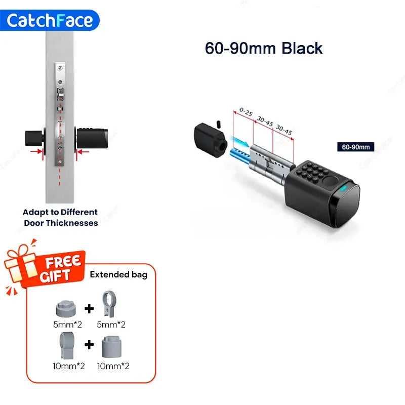 CatchFace IP66 waterproof smart door lock with fingerprint, password, RFID; black 60–90mm; free gift spacers/adapters.