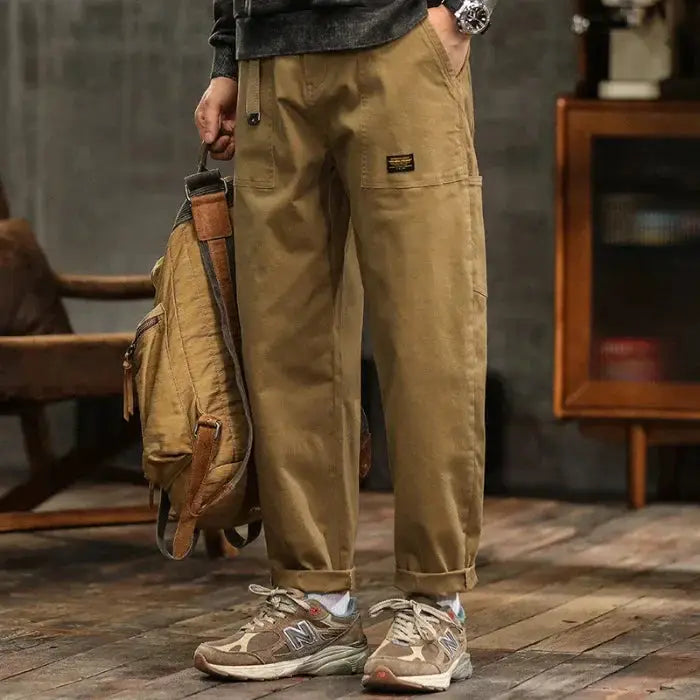 HIQOR men's army green cargo pants with loose profile and high waist