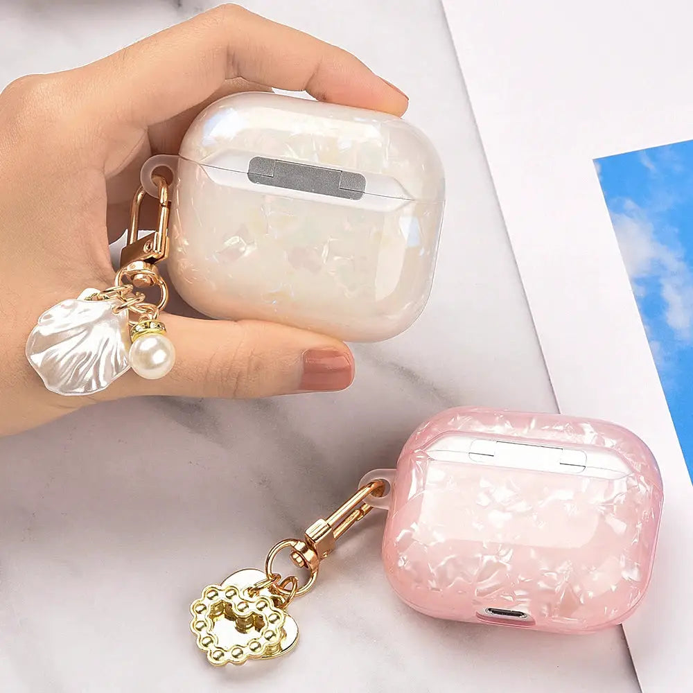 Leopard Girl AirPods Pro Case USB C 1 2 3 4 Soft Silicone Shockproof Cover With Pearl Shell Keychain