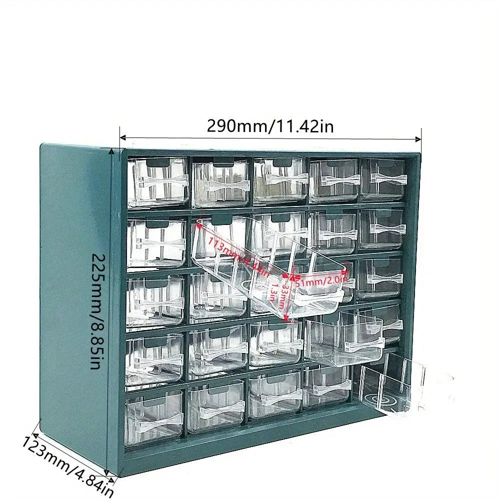 25-grid wall-mounted parts box with clear drawers for screws and small components in teal.