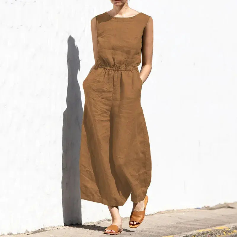 Cotton and linen jumpsuit for women, sleeveless brown high-waist with pockets and wide legs.