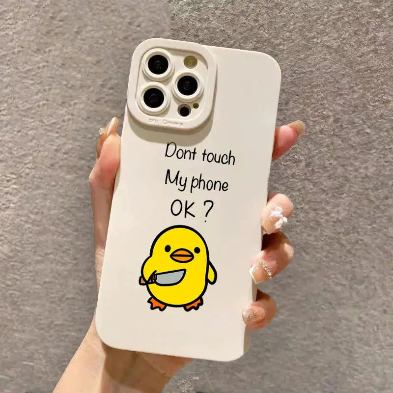 Cute minimalist cartoon duck silicone phone case for iPhone by Simples Market, white with yellow duck and Dont touch My phone OK? text