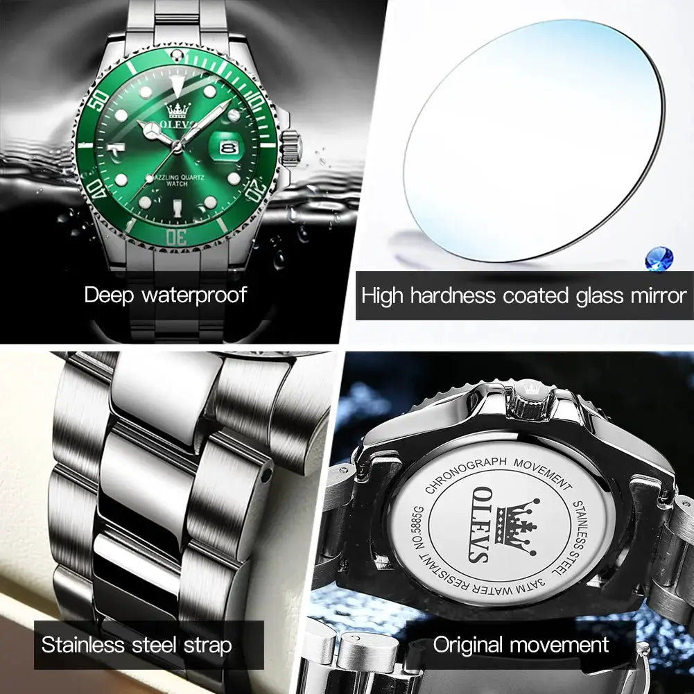OLEVS 5885 men's watch with green dial and stainless steel strap; waterproof quartz with calendar and luminous hands