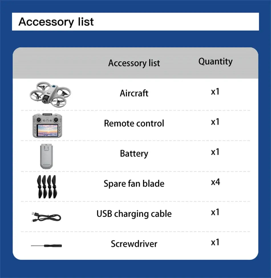 GT3 Max Drone accessories: drone x1, remote control x1, battery x1, spare blades x4, USB cable x1, screwdriver x1