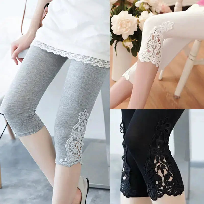 Women’s capri lace leggings; 3-color gray, white, black set from Simples Market, cropped with floral lace trim.