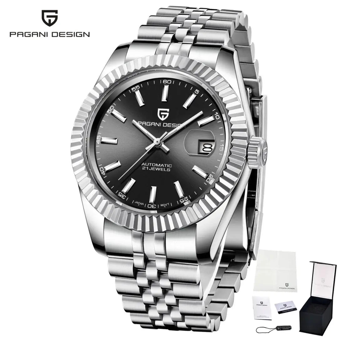 Pagani Design men's stainless steel automatic watch with jubilee bracelet, black dial, date window, 100m water resistant