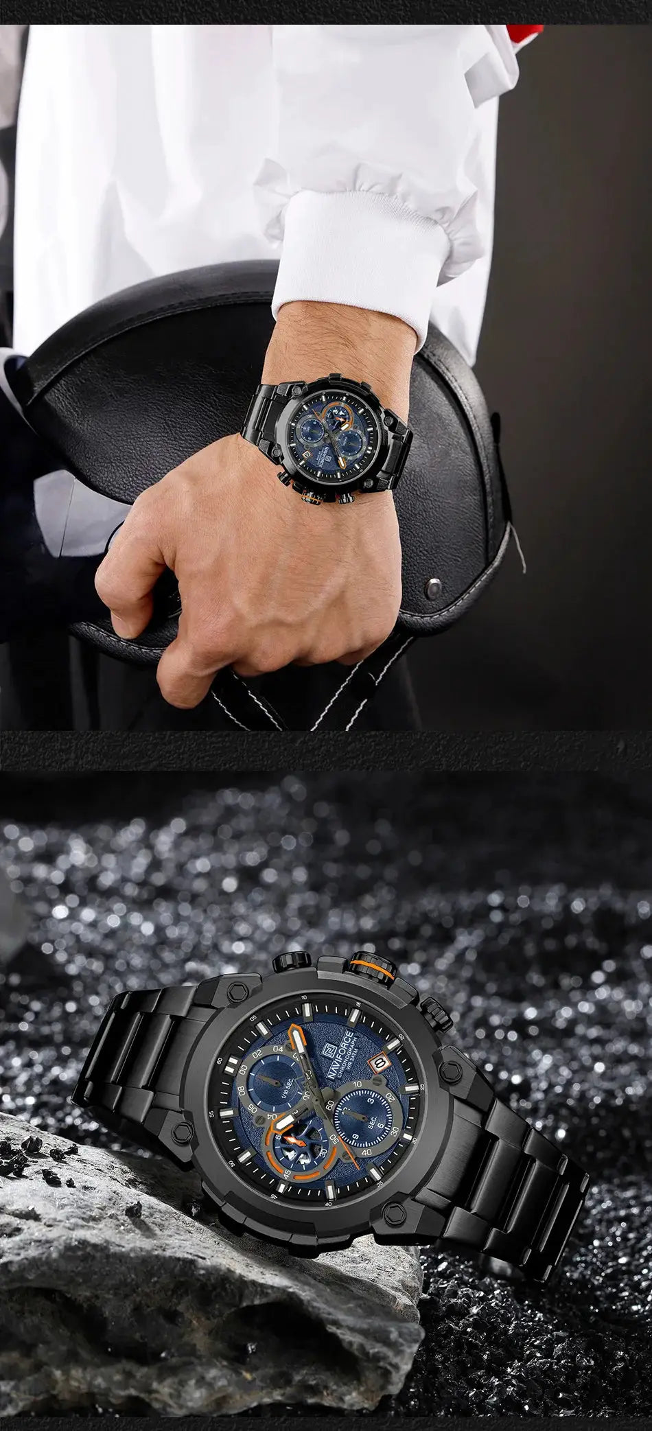 NAVIFORCE men's military chronograph watch, black stainless steel band, blue dial with orange accents, 3ATM waterproof