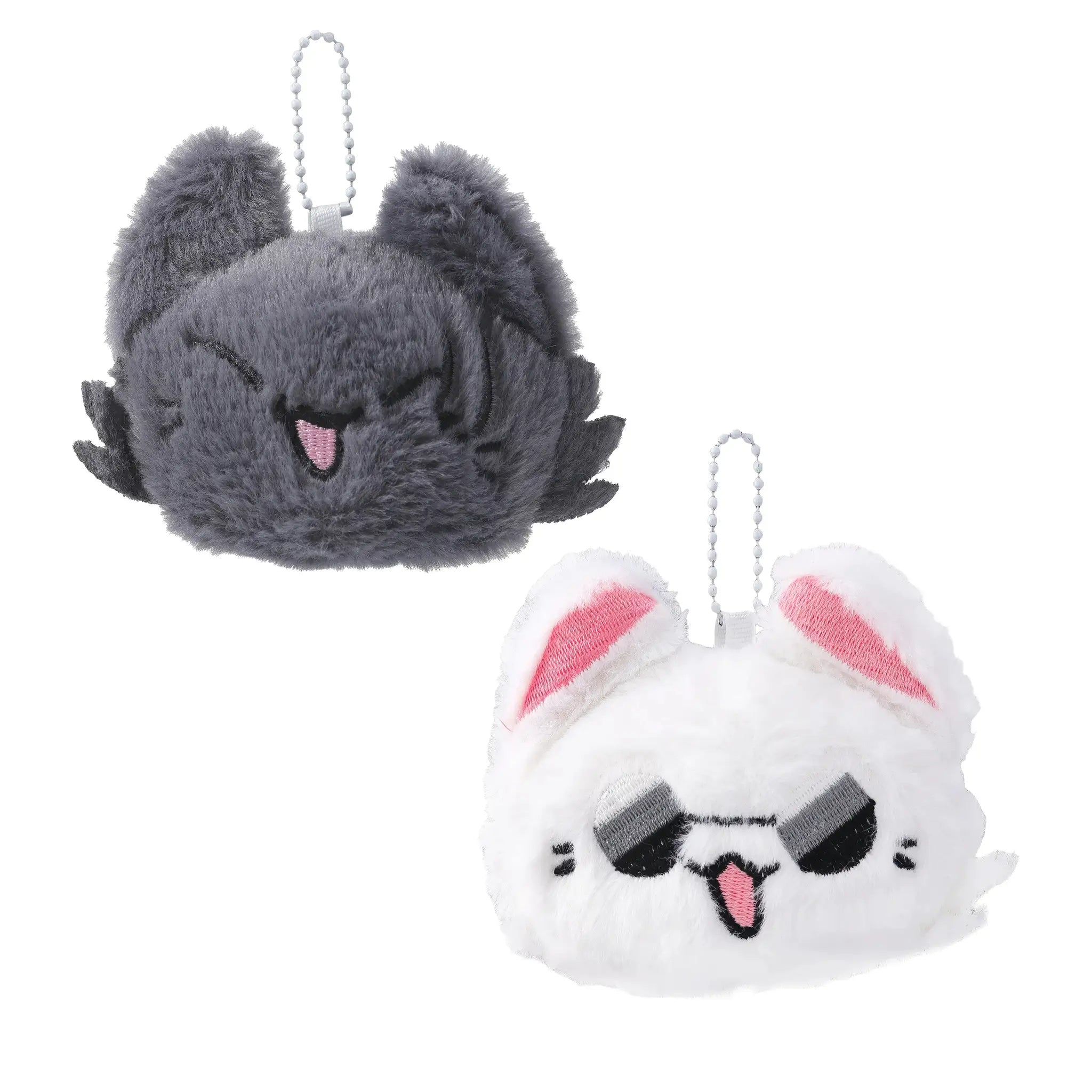 Anime plush cosplay keychains set of 2: gray fluffy character and white bunny with pink ears on white bead chains