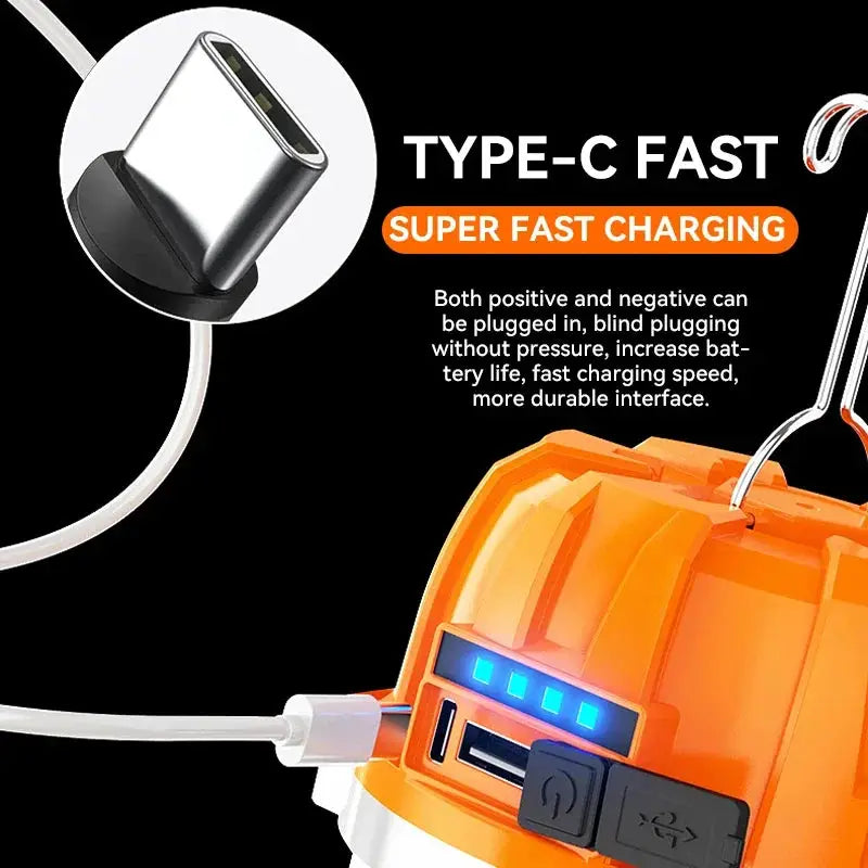 500W LED camping lantern Simples Market orange USB-C fast charging power display