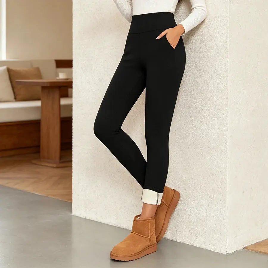 Simples Market women's black fleece-lined high-waist leggings with pockets, thick warm thermal pants
