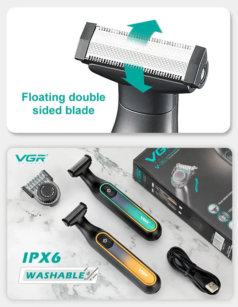 VGR 360 hair trimmer set: two IPX6 waterproof rechargeable trimmers with teal and orange accents, USB cable, box