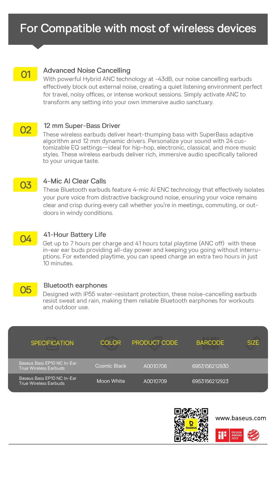 Baseus Bass EP10 NC In-Ear True Wireless Earbuds product sheet with 01–05 features and color options Cosmic Black, Moon White.