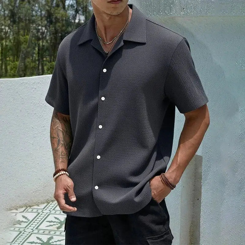 Men's casual short-sleeve button-front shirt in charcoal gray, baggy streetwear fit by Simples Market