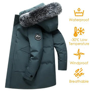 Men's teal windproof down parka with fur-trimmed hood and multiple pockets by Simples Market
