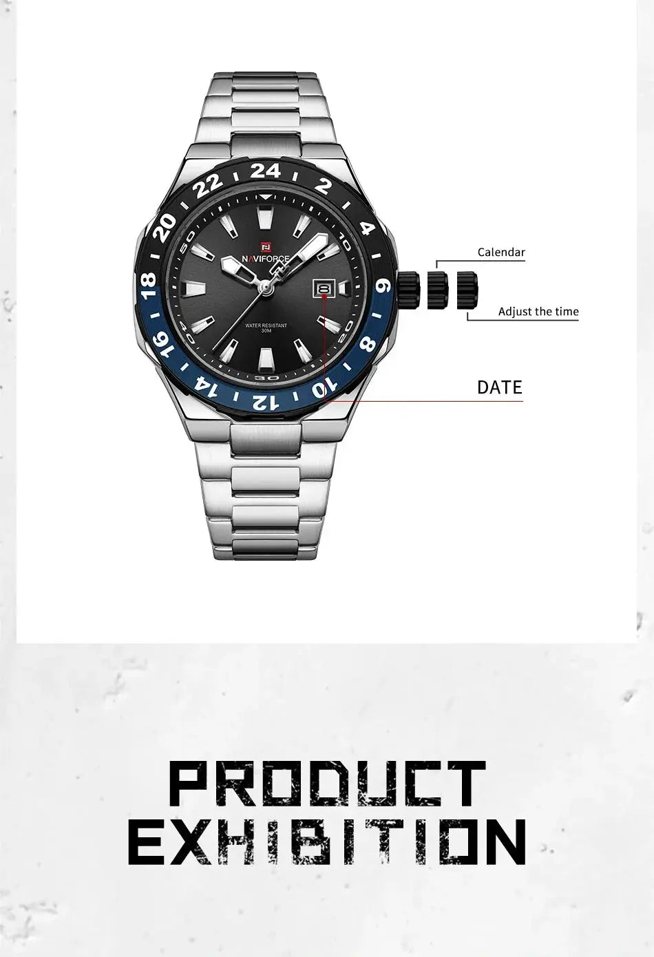 Naviforce stainless steel men's luxury sports wristwatch with blue/black bezel, black dial, date window, luminous hands.