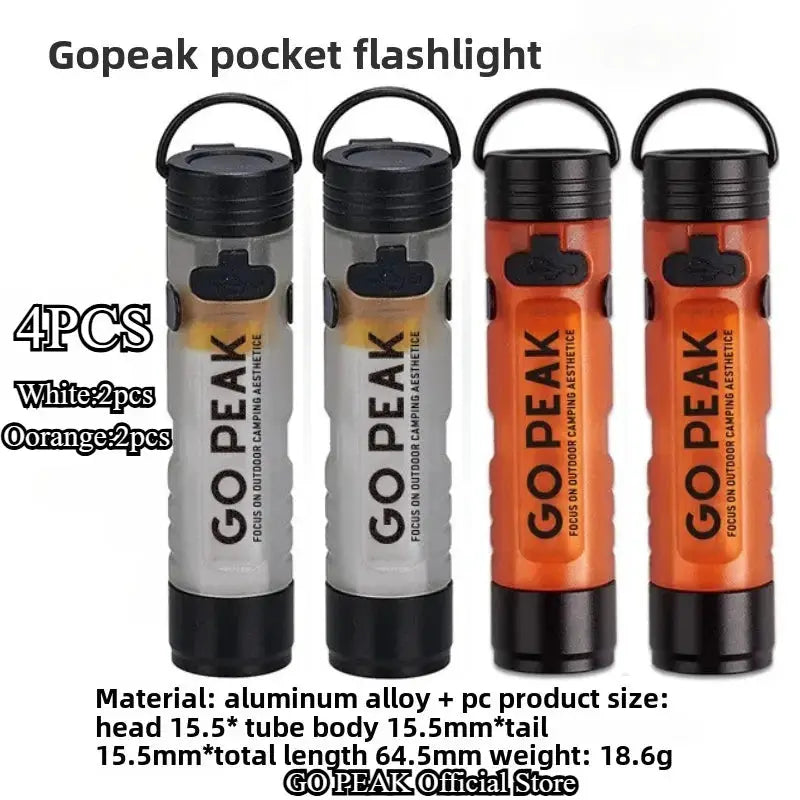 GOPEAK pocket flashlight set; four aluminum LED mini key-clip lights (2 white, 2 orange)