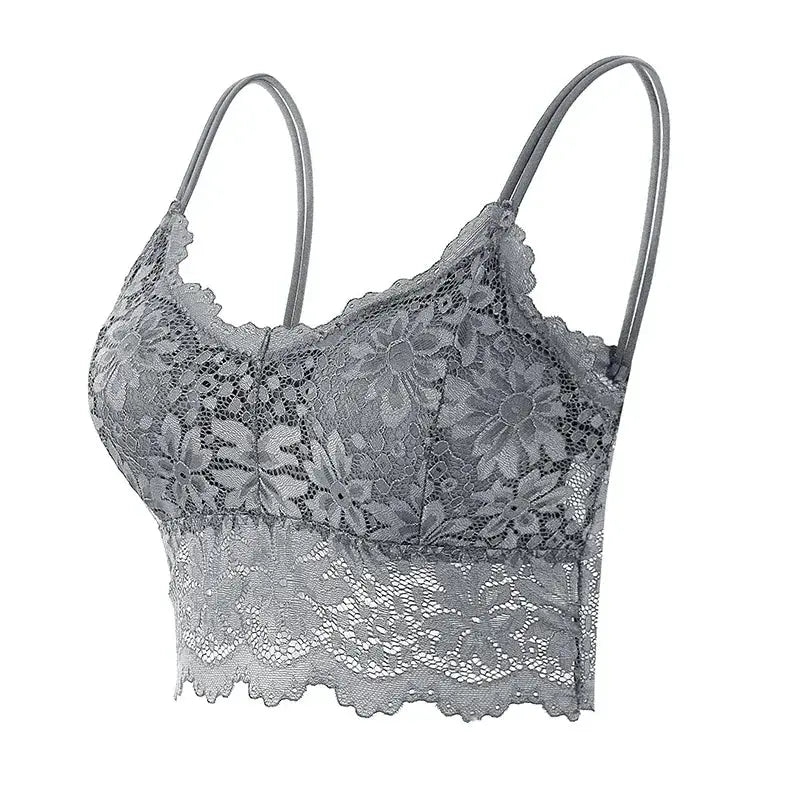 Women’s gray floral lace bralette top, wireless and seamless with adjustable straps