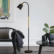 Floor lamp by Simples Market; black wrought-iron stand with brass accents and adjustable LED head