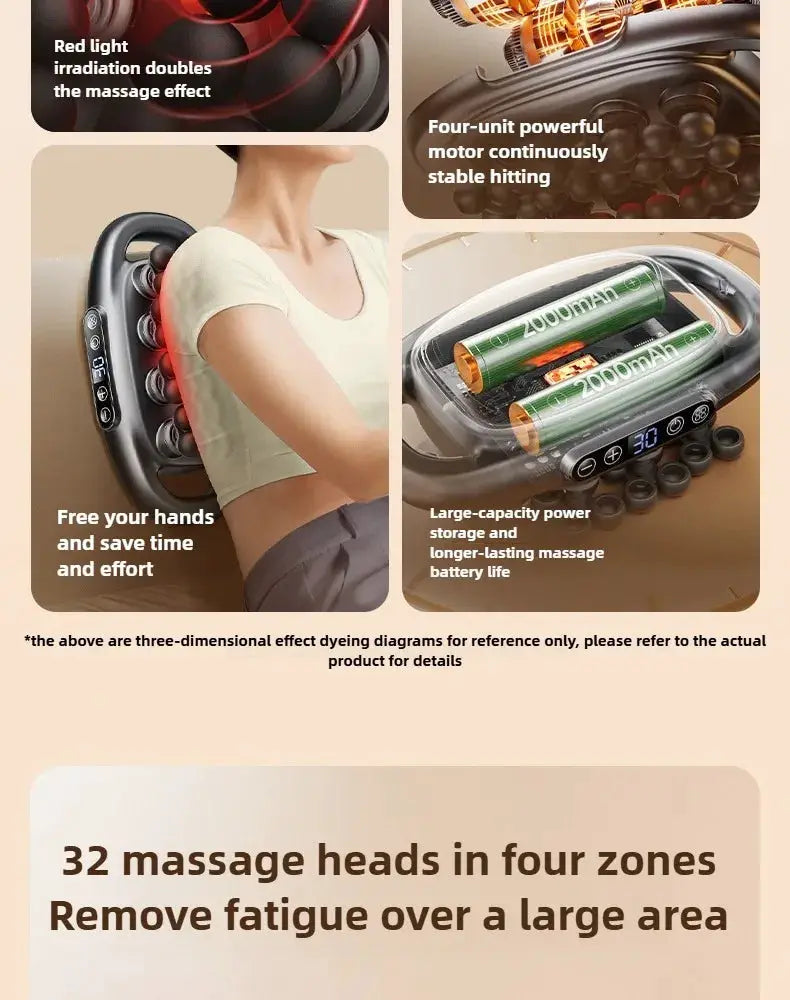 32-head massage gun by Simples Market, wireless deep-tissue massager with red-light therapy