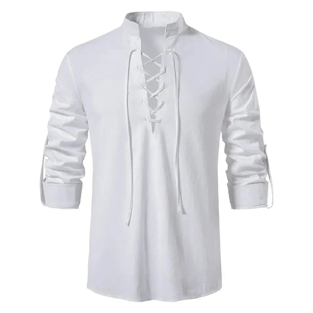 King Billion Mens Cotton Linen Long Sleeve Shirt Vintage English Style With Drawstring Neck US Size Spring Autumn